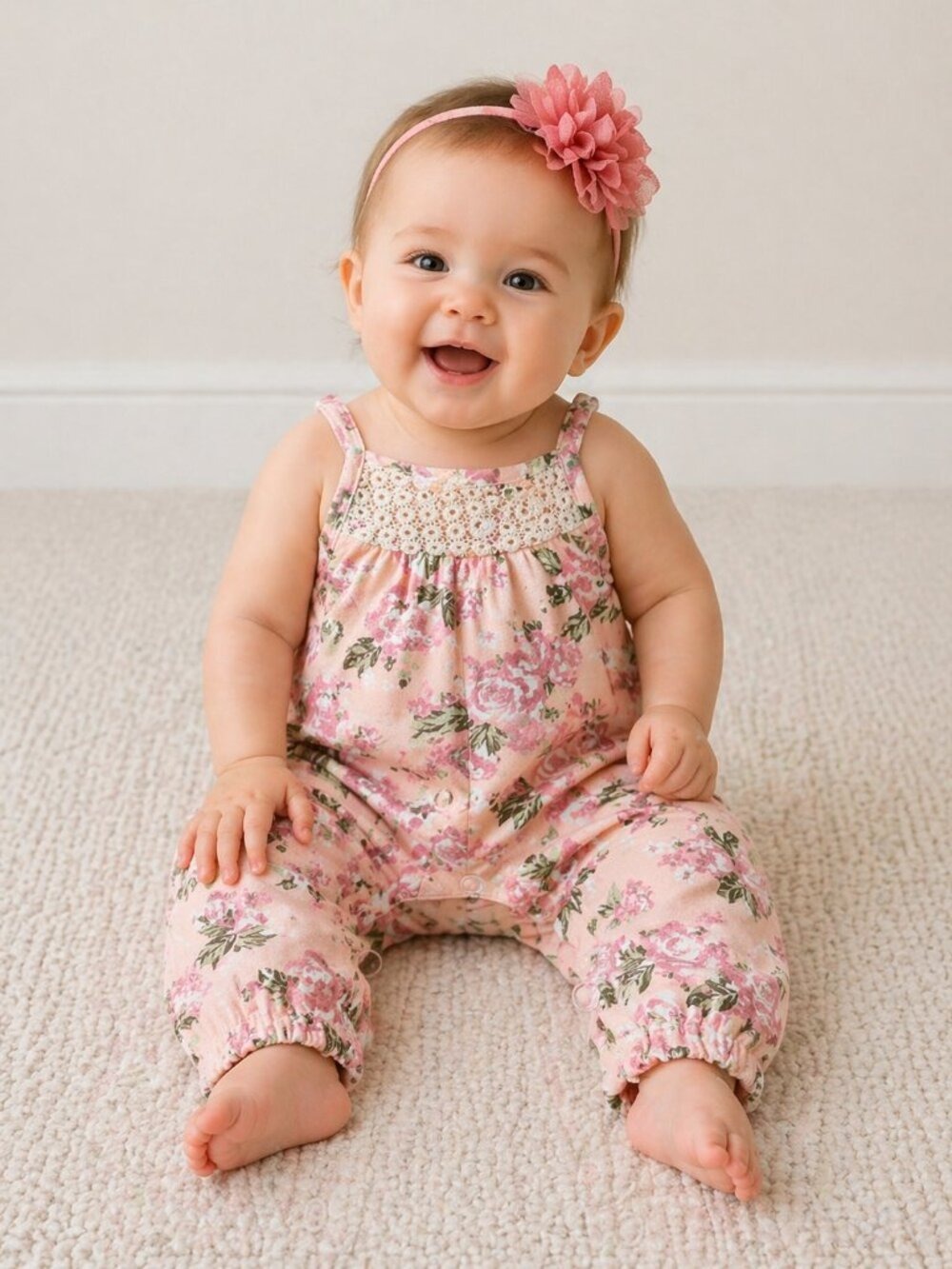 Little Lass Pink Floral One-Piece Romper with Crochet Yoke and Flower